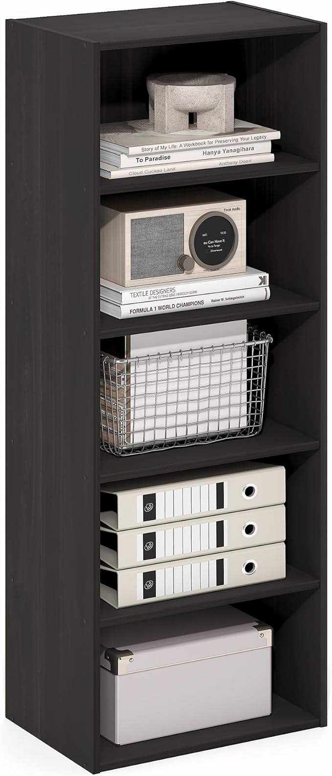 Furinno Basic Book Shelf, 5-Tier Bookshelf, Storage Organizer Bookcase with Open Shelf, 11 x 17 x 44, for Living Room, Bedroom, Home Office, Espresso