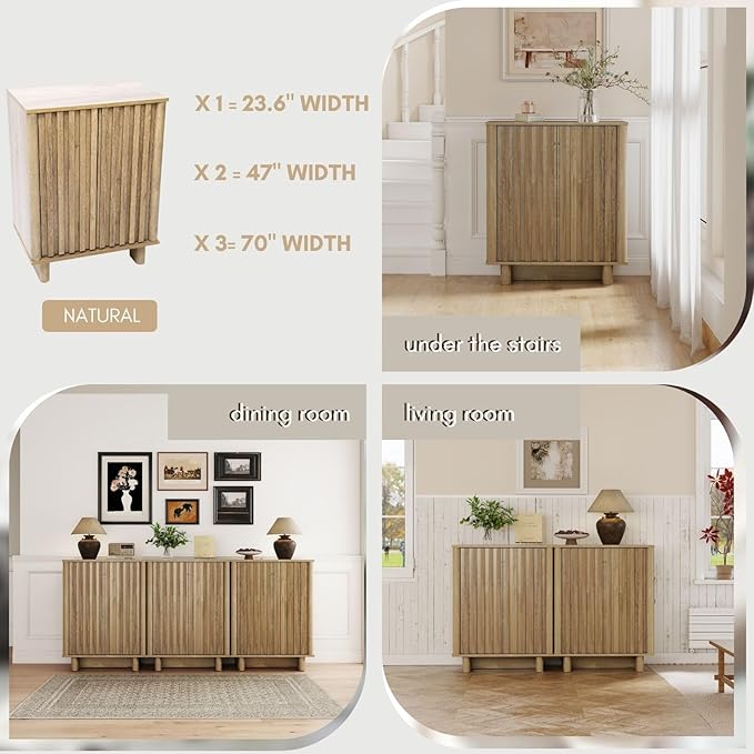 Sideboard Buffet Cabinet with Storage, Natural Freestanding Floor Cabinet Farmhouse Sideboard with 2 Fluted Doors Wooden Hallway Cabinet Media Console Table Credenza for Living Room Dining Room, 3PCS