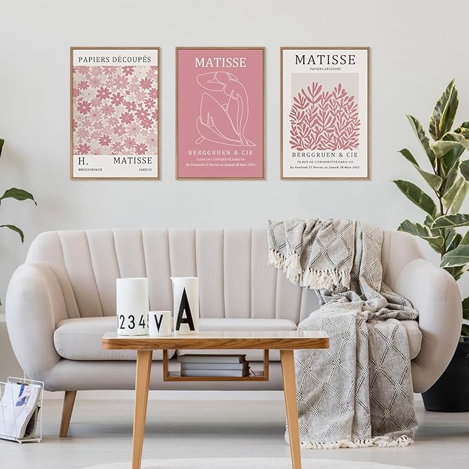 HLNIUC Matisse Pink Wall Art,Neutral Pink Flower Framed Canvas Wall Decor Set of 3(16”x24’) Modern Aesthetic Pictures Wall Painting,Abstract Flower Market Art Print for Living Room,Bedroom