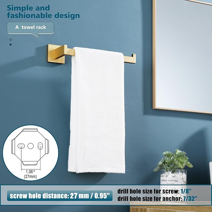 KOKOSIRI Towel Bar Gold Hand Towel Holder for Bathroom Kitchen Hardware Stainless Steel Wall Mounted, Brushed Gold, B3003BG