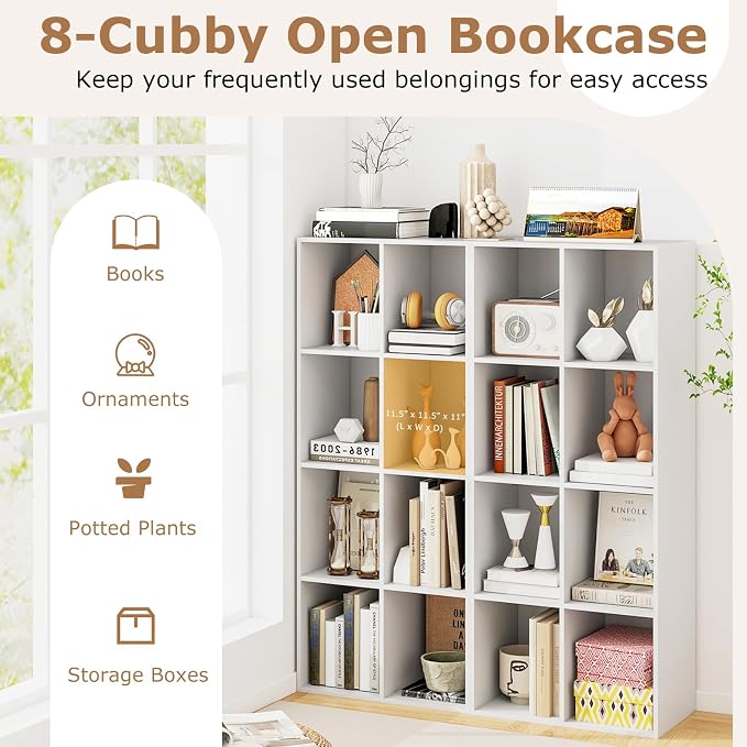 DREAMADE 8 Cube Storage Organizer, 2 Tier Multipurpose Display Shelf w/Open Storage & 2 Anti-Tipping Kits, 8-Cube Wooden Bookcase for Living Room, Bedroom, Study, Home, Office (White)
