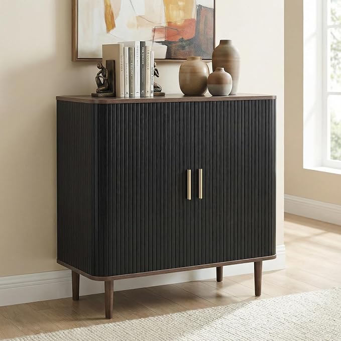 AKMAKM 35" Fluted Accent Buffet Cabinet, Black Small Storage Sideboard with Sliding Door, Mid Century Modern Credenza with Solid Wood Leg, Wine Coffee Bar Console Table for Kitchen, Entryway, Living