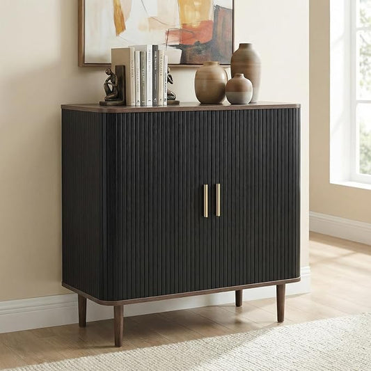 AKMAKM 35" Fluted Accent Buffet Cabinet, Black Small Storage Sideboard with Sliding Door, Mid Century Modern Credenza with Solid Wood Leg, Wine Coffee Bar Console Table for Kitchen, Entryway, Living