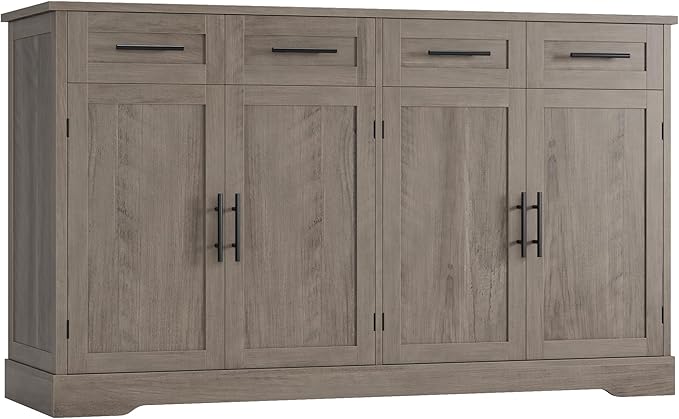 HOSTACK 60" Large Buffet Sideboard with Storage, 36" Tall Kitchen Buffet Storage Cabinet with 4 Drawer, Modern Coffee Bar Cabinet with Black Handle, Long Sideboard Table for Living Room, Ash Gray
