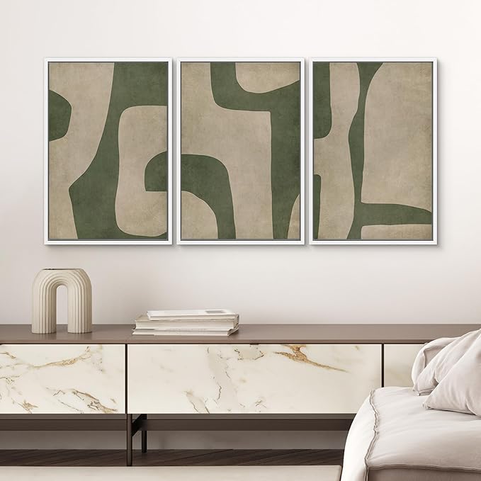 SIGNWIN Framed Canvas Print Wall Art Set Abstract Geometric Green and Beige Tones Illustrations Modern Art Decorative Boho Relax/Zen Nordic for Living Room, Bedroom, Office - 16"x24"x3 White