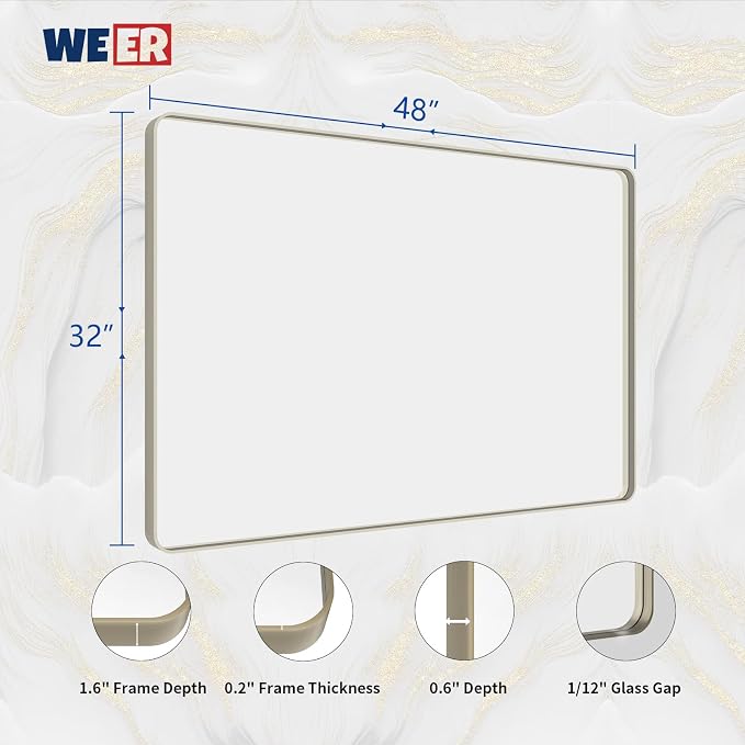 WEER 48X32 Inch Brushed Nickel Bathroom Mirror, Brushed Silver Metal Frame Mirror, Rounded Rectangle Silver Bathroom Vanity Mirror, Tempered Glass, Anti-Rust, Hangs Horizontally or Vertically