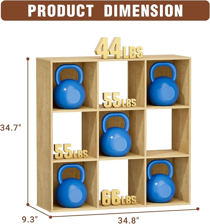 9 Cube Storage Organizer, Free Standing Display Shelf with Open Cubes, Floor Standing Book Shelf Bookcase with Storage for Home Office, Living Room, Bed Room (Oak, 9-Cube)