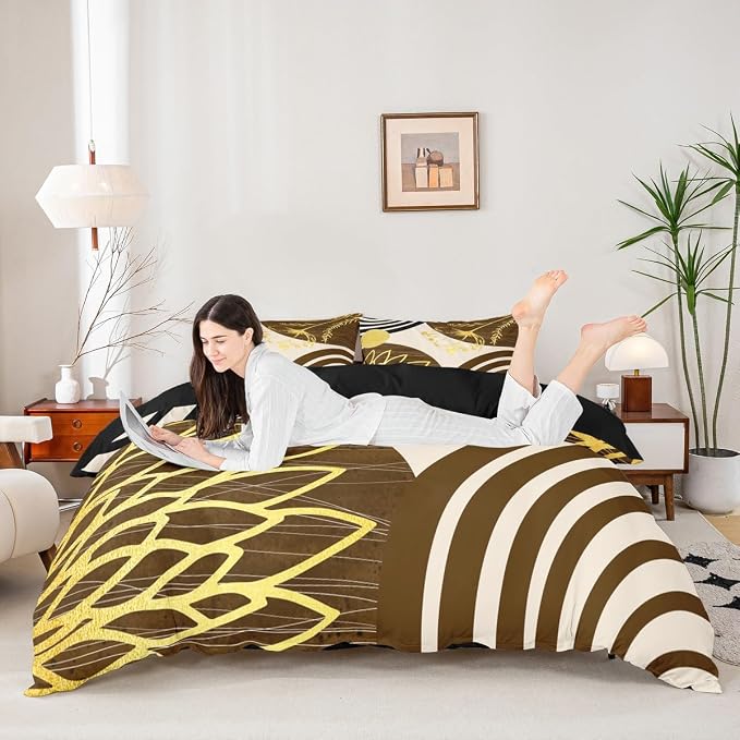 Erosebridal Boho Mid Century Duvet Cover Toddler Size for Women Men Adults | Minimalist Modern Comforter Cover Brown and Beige Geometric Bedding Set Aesthetic Modern Abstract Bed Set