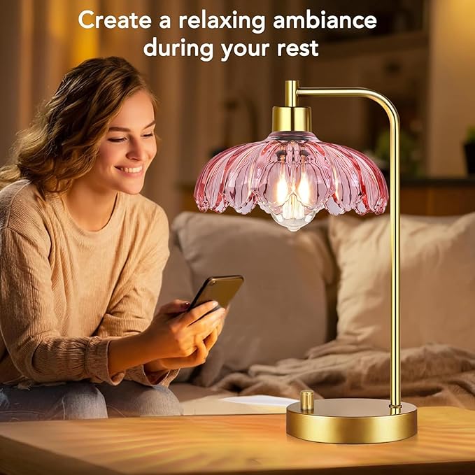 Pink Table Lamp Set of 2,Small Gold Bedside Lamps Dimmable Boho Bedroom Lamp with Tulip Flower Glass Lamp Shade,Vintage Mid Century Modern Mini Nightstand Lamp for Bedroom Living Room