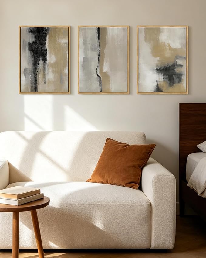 KUVIOKE Black Gray Abstract Framed Wall Art Neutral Wall Decor Minimalist Modern Illustrations Art Print for Living Room Bedroom 12x16in (Natural Framed)