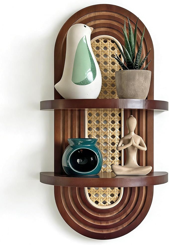 2-Tier Woven Rattan Floating Shelves, Mid-Century Modern Boho Vintage Wooden Wall Decor Plant Shelf for Living Room, Bedroom, Bathroom, Home Office, Ideal for Small Planters & Accents (Walnut)