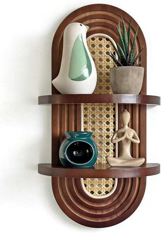 2-Tier Woven Rattan Floating Shelves, Mid-Century Modern Boho Vintage Wooden Wall Decor Plant Shelf for Living Room, Bedroom, Bathroom, Home Office, Ideal for Small Planters & Accents (Walnut)
