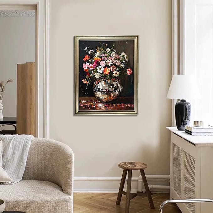 Disco Ball Wall Decor, Vintage Framed Colorful Moody Florals Wall Art, Maximalist Funky Flowers Bouquet Print Poster, Retro Eclectic Wall Art Painting