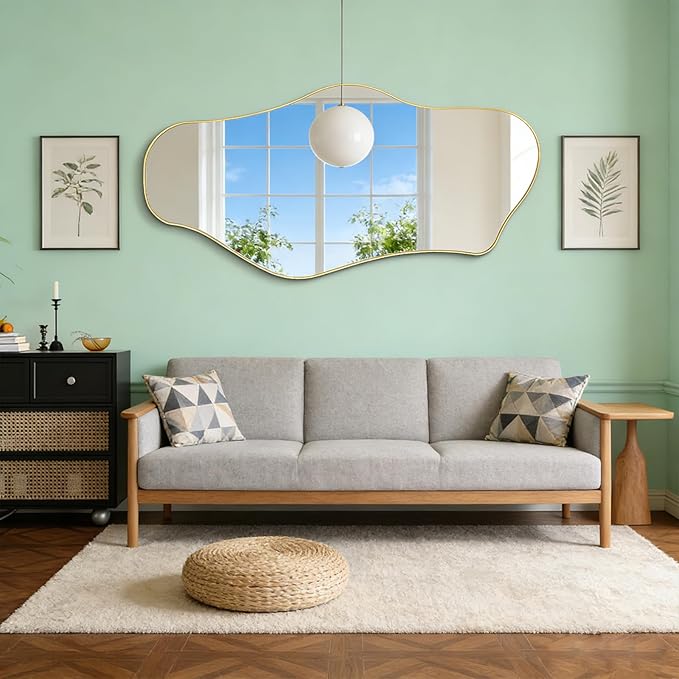 Large Irregular Mirror, 55"x25.6" Gold Asymmetrical Mirrors, Abstract Full Length Mirrors with Metal Frame, Cloud Shaped Mirror for Living Room Bathroom Bedroom Hallway Entryway Fireplace