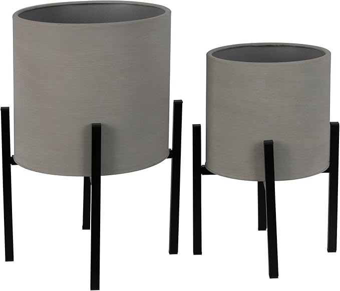 ARNIS Modern Plant Pots, Set of 2 Large Planters with Stand, Decorative Planters, Metal Pots with Drainage Holes for Living Room, Office, Garden or Balcony, 8.25 &10.5 Inch, Grey