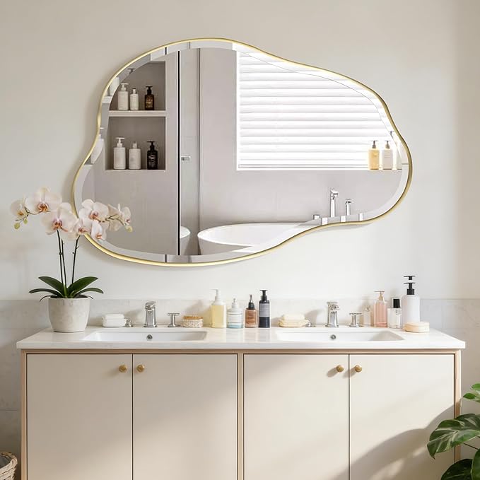 POZINO Irregular Beveled Mirror, 42"x28" Asymmetrical Vanity Wall Mirror with Gold Metal Frame, Organic Shape Mirrors for Entryway Bathroom Living Room Bedroom, Horizontal/Vertical Hanging