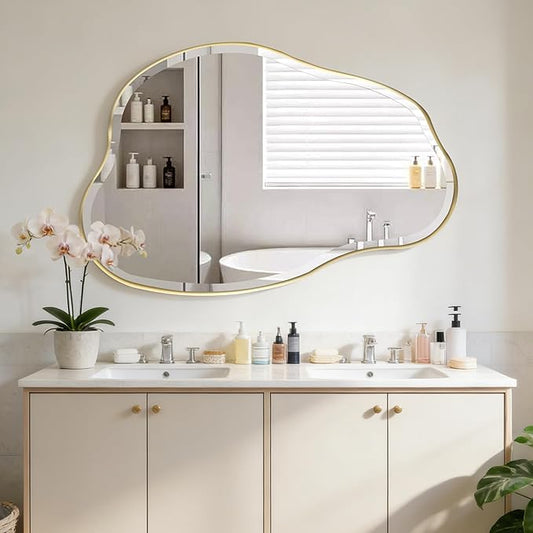 POZINO Irregular Beveled Mirror, 42"x28" Asymmetrical Vanity Wall Mirror with Gold Metal Frame, Organic Shape Mirrors for Entryway Bathroom Living Room Bedroom, Horizontal/Vertical Hanging