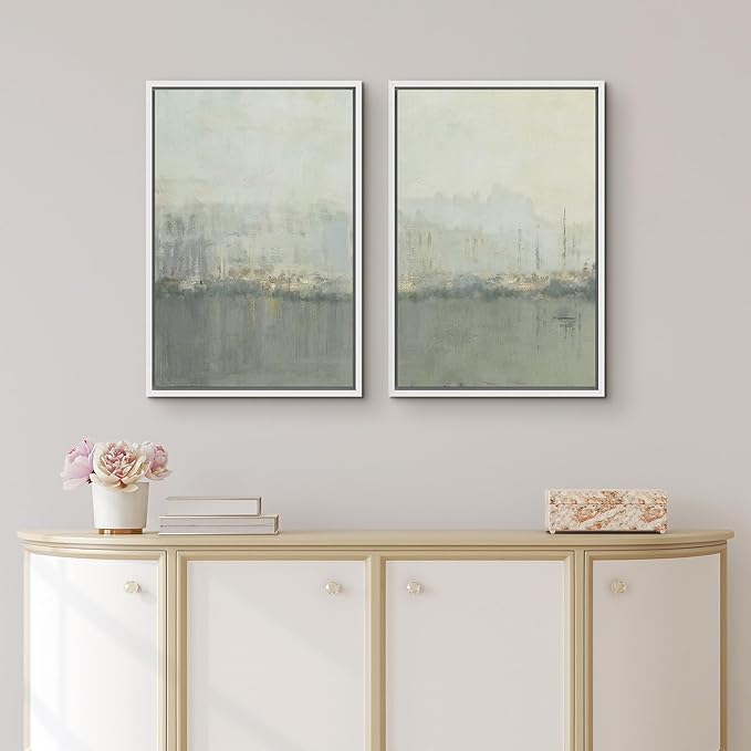 IDEA4WALL Framed Canvas Print Wall Art Set Abstract Skyline Cityscape Art in Muted Gray and Soft Blue Tones Illustrations Modern Art Decorative Coastal Cottage Seascape for Bedroom - 16"x24"x2 White