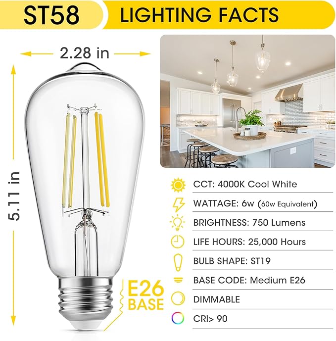 Edison Light Bulbs 60W Equivalent, Dimmable Vintage LED Light Bulbs, E26 Medium Base, Cool White 4000K, ST58, 6W, 750LM, 90+ CRI, Antique Decorative Filament LED Bulb, Clear Glass, Pack of 4