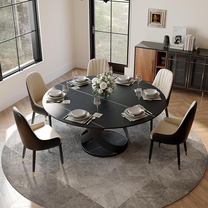 POVISON 60" Round Dining Table for 6, Modern Dining Room Table with Lazy Susan, Matte Black Sintered Stone Dining Tabletop with X-Shape Carbon Steel Base (Table Only)