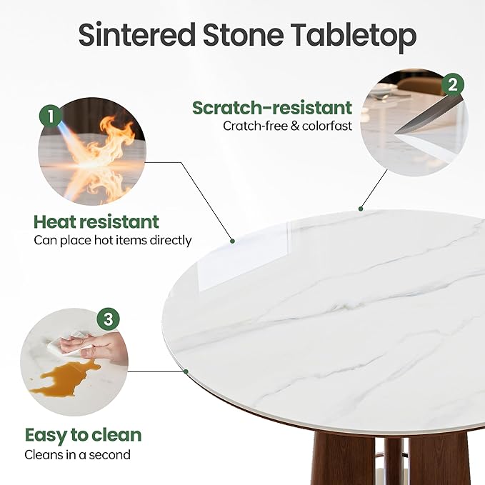 47” Round Dining Table with Solid Wood Base, White Sintered Stone Tabletop, Scratch and Heat Resistant, Modern Marble Table for Kitchen, Dining Room