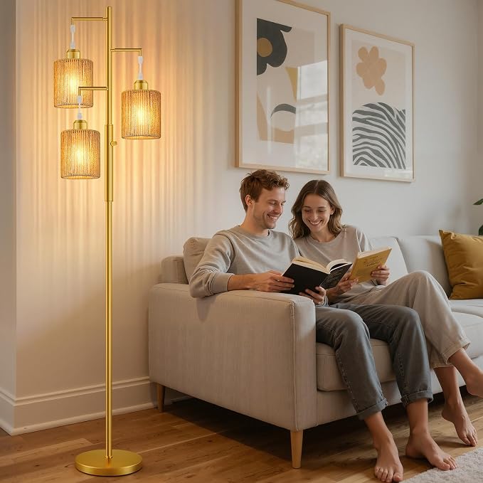 Hotsonic 72" Tall Boho Rattan Style Floor Lamp with Hand-Woven Paper Cord Shade, Dimmable Industrial Tree Standing Lamp for Living Room, Bedroom, Study Room, Office (3 x 800LM Bulbs Included) - Gold