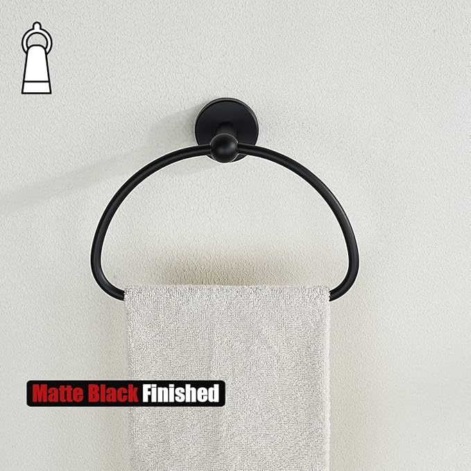 JQK Towel Ring Matte Black, Stainless Steel Half Ring Towel Holder for Bathroom, 7 Inch Brushed Finished Wall Mount, TR160-PB