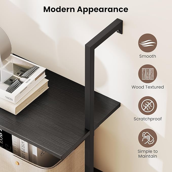 Tangkula 4-Tier Wall-Mounted Bookshelf, Industrial Modern Floating Storage Display Shelves with Metal Frame, Wall-Mounted Ladder Wooden Bookcase for Living Room, Kitchen, Bar, Office (2, Black)