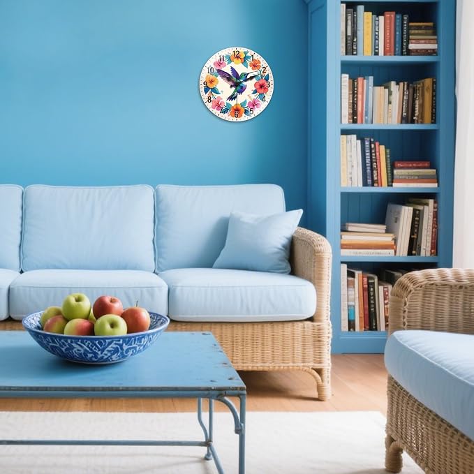 peacoblue Wall Clocks Battery Operated 12 Inch Hummingbird and Flowers Glass Round Wall Clock Non Ticking for Kitchen Living Room Dining Room Bedroom and Bathroom Decor (Battery not Included)