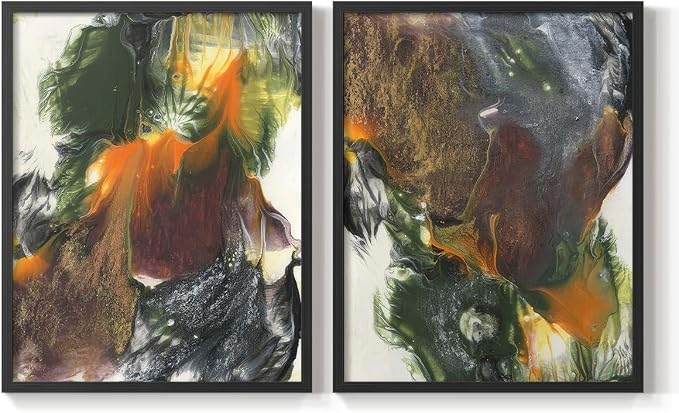 Renditions Gallery Set of 2 Peel & Stick Framed Prints, Watercolor Abstract Wall Art, Colorful Fluid Design Wall Decor, Re-Stickable - Ready to Hang - 11"x14" - Black Frame LT588