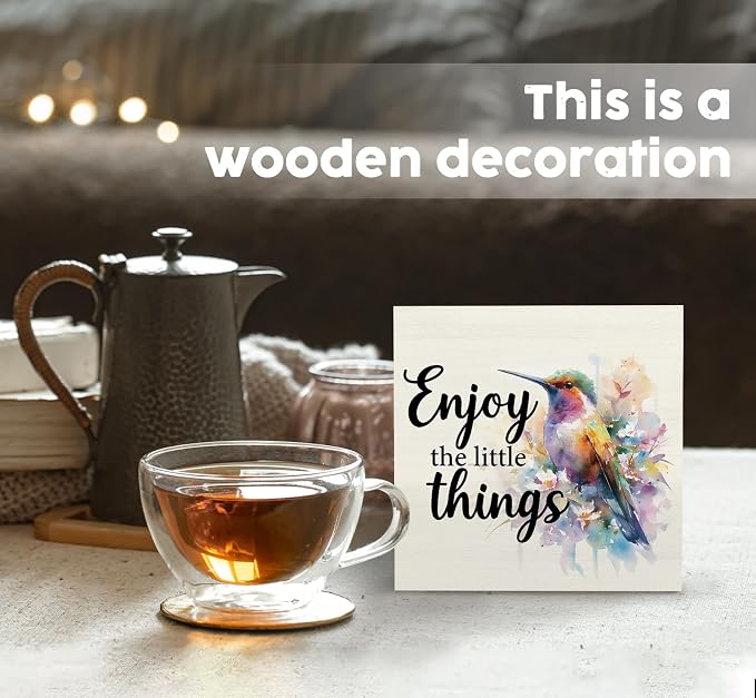 Hummingbird Decor - Hummingbird Gifts For Women, Inspirational Wooden Box Signs, Enjoy The Little Things Motivational Wood Decoration Home Decor For Desk Table Shelf 5x5 Inch