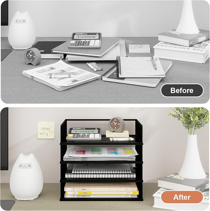 Natwind 4 Tier Letter Trays, File Trays for Desk Stackable,Desktop Paper Organizers for Office Supplies, Metal Mesh File Organizer，Office Organizer，Letter Trays for Home, Office, School，Black