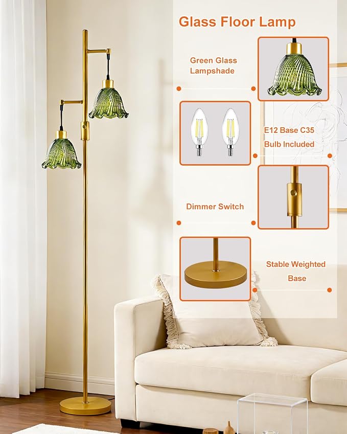 2-Light Modern Glass Floor Lamp, Gold Tall Standing Lamp with Green Bell Glass Shade for Reading, Dimmable LED Floor Lamp with 5Lbs Heavy Base for Living Room Bedroom Home Decor, Bulb Included