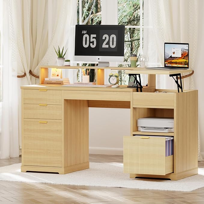 Fluted Desk with Drawers Filing Cabinet, 63" Home Office Executive Desk with Lift Top, Gaming Desk, Charging Station, Sensor Lights, Wood Computer Table with Monitor Stand, Natural Wood