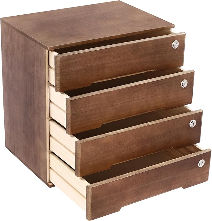 Desktop File Organizer with Lock, 2/3/4 Tier Multi-Drawer Wooden Storage Cabinet, Office Supply Organizer for Home Desk, Study & Workplace (Walnut, 4 Layers)