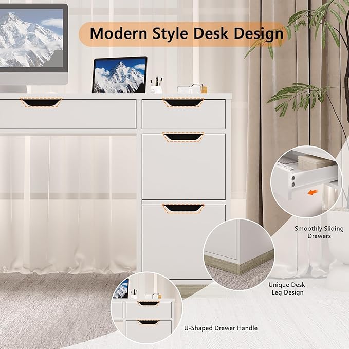 MaverickFurni White Desk with 7 Drawers, 54 Inch Executive Desk with Drawers for Bedroom, Home Office Desk with Drawers for Work Writing Study, Small Spaces