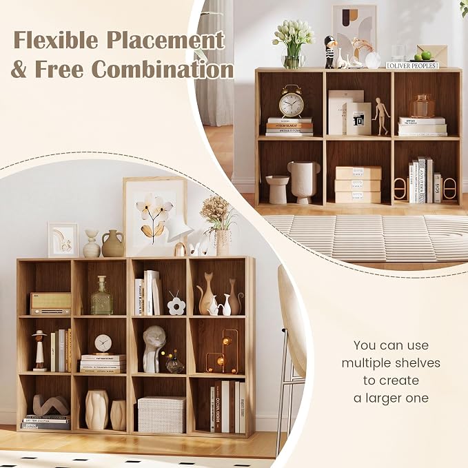 Tangkula 6-Cube Bookcase, Large Floor Standing Horizontal Bookshelf with 6 Open Shelves & 2 Anti-Tipping Kits, Home Office Wooden Storage Book Shelf for Living Room, Study (Natural, 6-Cube)