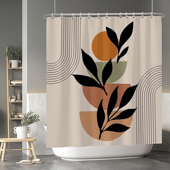 Baocicoo Boho Mid Century Shower Curtain Set Modern Minimalistic Leaves Shower Curtain for Bathroom Dormitory Bathtub Decor Durable Fabric Waterproof Curtain for Bathroom with Hooks 72x78 Inches