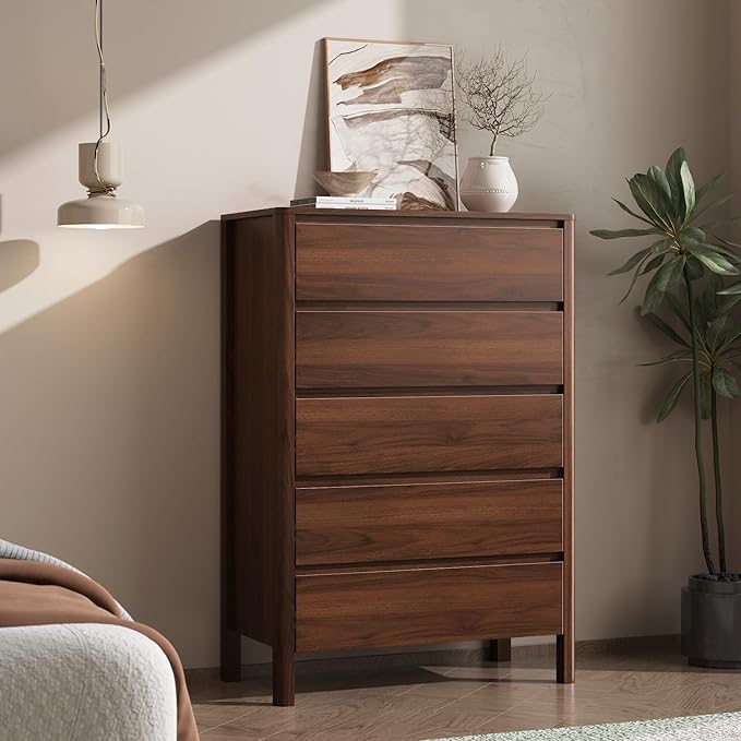 Walnut 5 Drawer Dresser for Bedroom, Modern Tall Dresser with Hidden Handles, Space-Saving Wooden Drawer Organizer, Living Room, or Hallway, Vertical Storage Chest of Drawers, 45.7" H