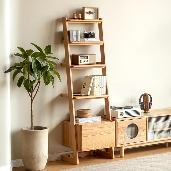 100% Solid Wood 5 Tier Ladder Shelf, Tall Narrow Bookshelf with Storage, 63.78" Tall Bookcase with Drawers, Display Shelf Unit for Living Room Bedroom