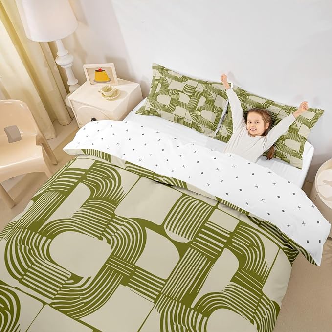 Erosebridal Boho Ethnic Boys Duvet Cover Toddler Geometric Stripes Bedding Set 2 Piece Light Olive Green Bohemian Striped Comforter Cover Modern Simple Aesthetics Bed Sets for Kids Teens Adult Men