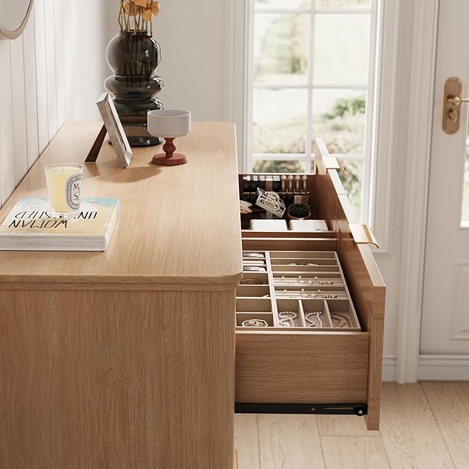 LINSY HOME Rattan Dresser with 9 Deep Drawers, 58" Wide Long Chest of Drawers, Mid Century Modern Tall Dresser, Large Wood Boho Storage Cabinet for Bedroom with Metal Handle and Durable Legs, Oak