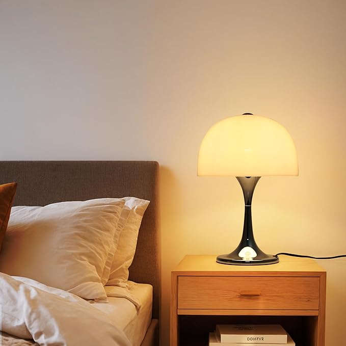 Modern Sleek Table Lamp for Bedroom, 3-Light LED End Desk Lamp for Living Room, Office, Milky White Acrylic Shade Metal Mushroom Table Lamp for Bedside Night Light Desk, Chrome Base