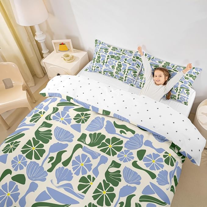 Erosebridal Mid Century Modern Comforter Cover Queen Abstract Geometric Boho Floral Bedding Set Cute Blue and Green Plants Patchwork Duvet Cover for Kids Adults,Vintage Aesthetic Geometric Bed Set