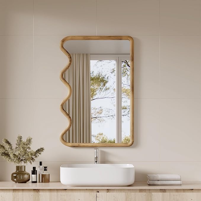 ULIKE Wavy Mirror for Wall, Rustic Wood Mirror for Bathroom Vanity, 24x36 Wooden Wall Mirrors Decorative for Bedroom, Living Room, Entryway, Brown