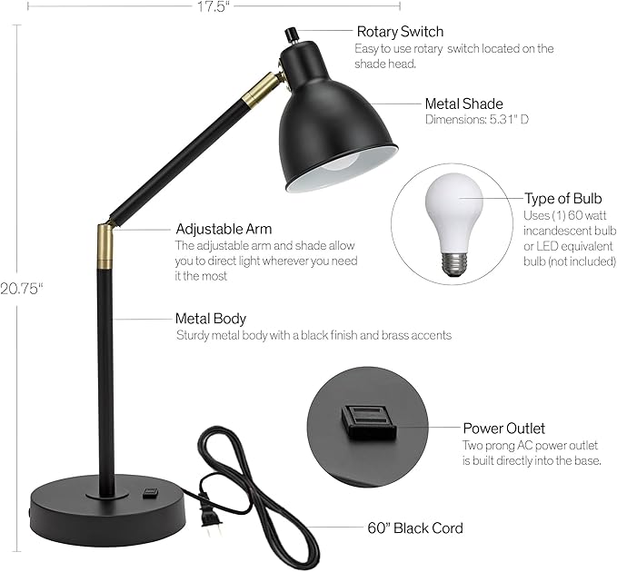 Catalina Lighting 20092-001 Modern Adjustable Desk Light with Power Outlet, Classic Table Lamp for Office, Dorm, or Bedroom, Reading Light Nightstand Lamp, Bulb NOT Included, 20.75", Black