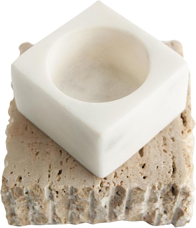 Bloomingville Decorative Marble and Travertine Candle Holder, White and Natural