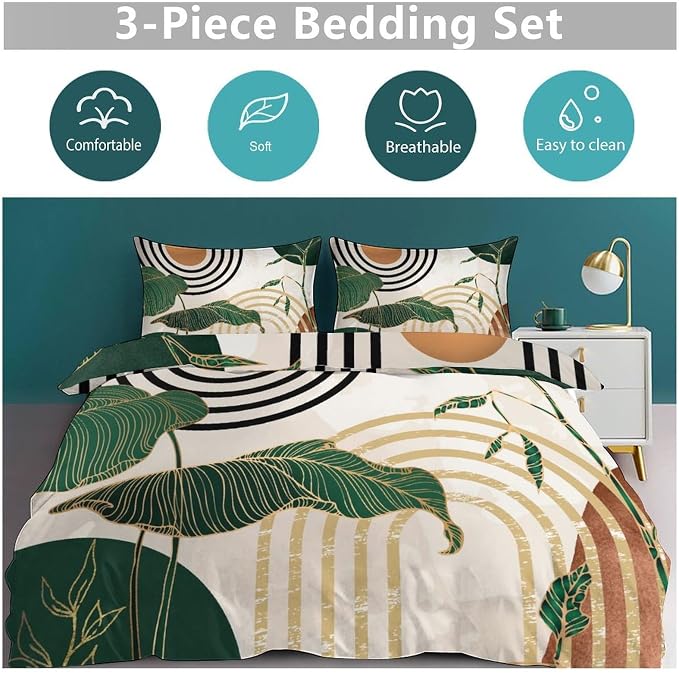 Boho Leaf Bedding Set,Mid Century Green Tropical Plant Palm Leaves Abstract Minimalist Geometic Arch Modern Comforter Set with Pillowcase for Bedroom Bed Decor,King 102"x90"