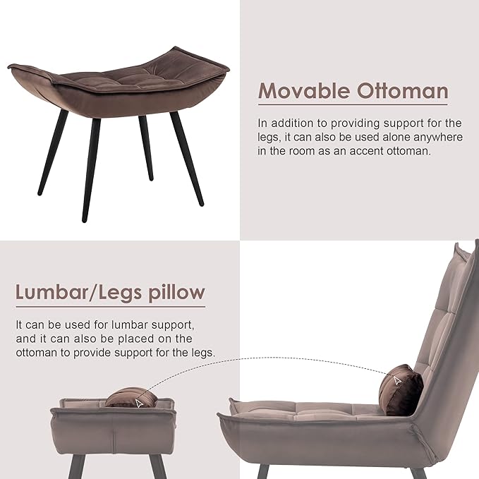 MCombo Accent Chair with Ottoman, Modern Velvet Wingback Lounge Chair, Upholstered Club Chair for Small Space, Living Room & Bedroom 4079 (2, Brown)
