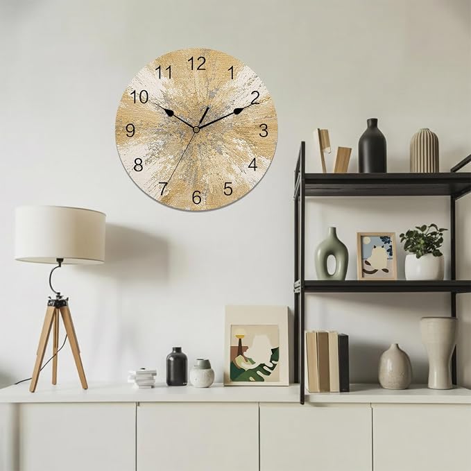 Yellow Round Wall Clocks 10 Inch Abstract Yellow Sunburst Vignette Splatter Style Industrial Silent Non-Ticking Battery Operated PVC Clock for Wall Home Decor Kitchen Living Room Bedroom Office